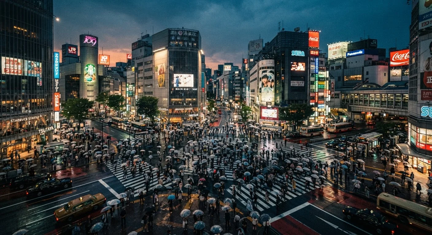 Busy Tokyo street intersection at dusk with neon signs and crowds of pedestrians crossing