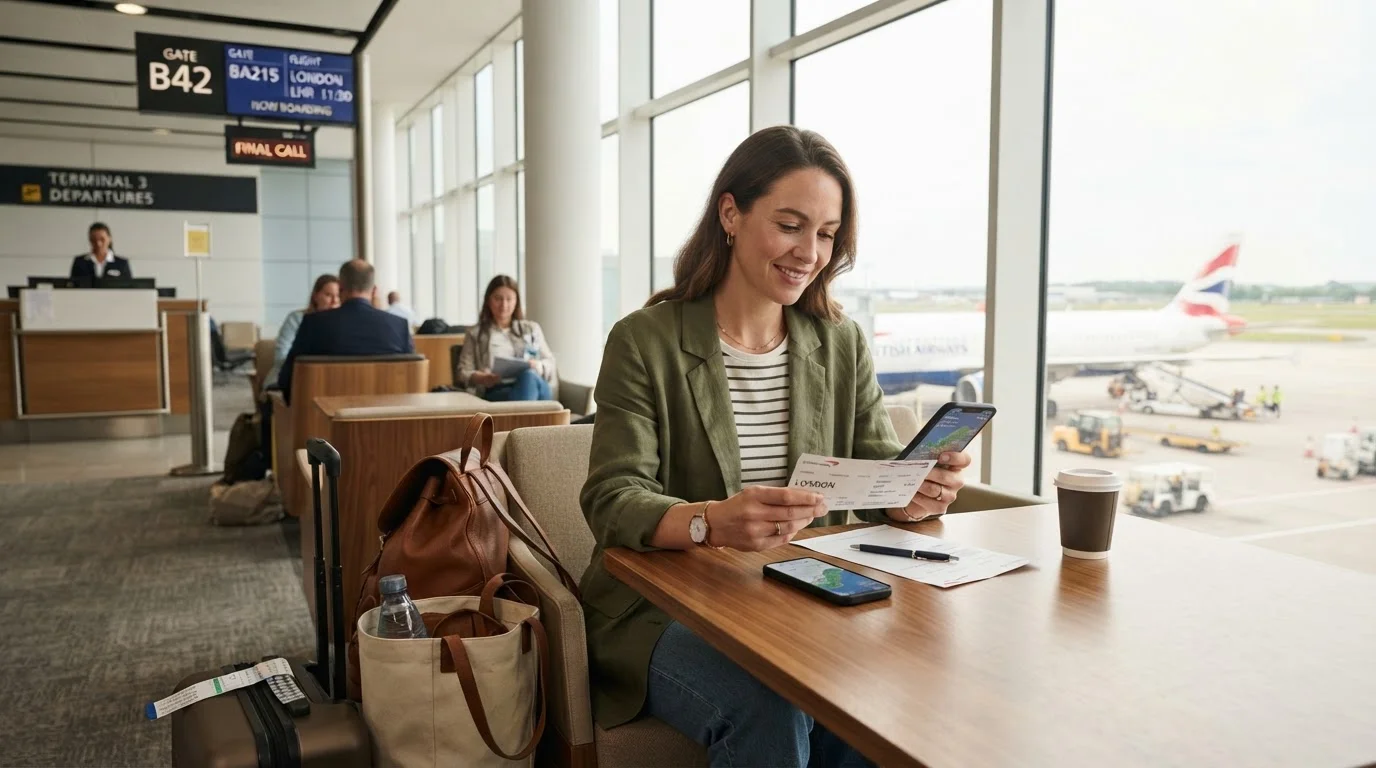 Traveler at airport gate reviewing travel documents and smartphone before departure