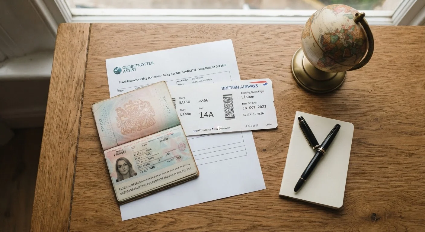 Passport, boarding pass, and travel insurance documents arranged on a wooden table with a globe