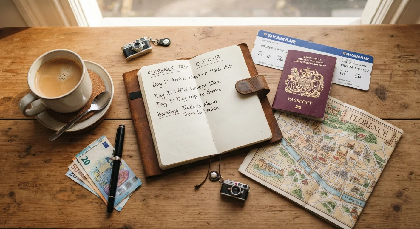 Travel planning materials including notebook, passport, boarding pass, and map on a desk
