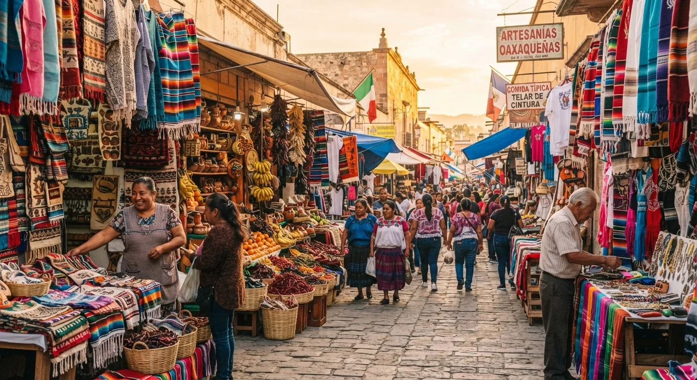 Busy Mexican market street lined with colorful stalls and cobblestone road