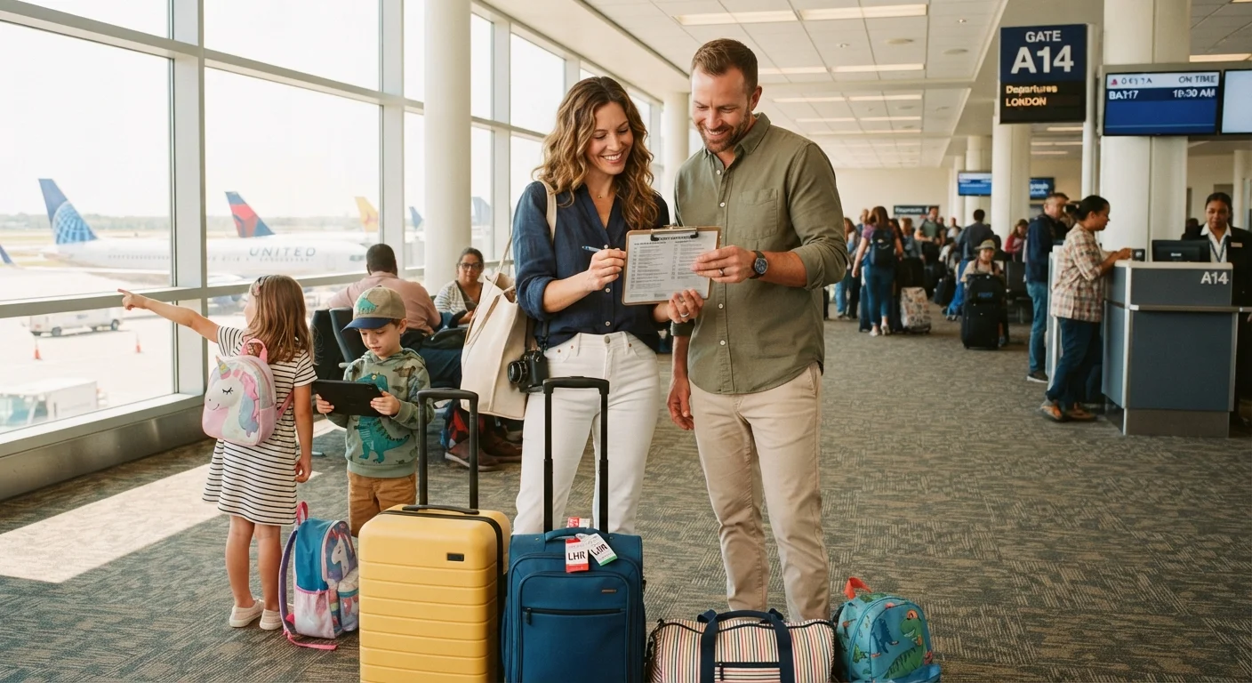 Parents with two young children reviewing a travel checklist at a bright airport terminal