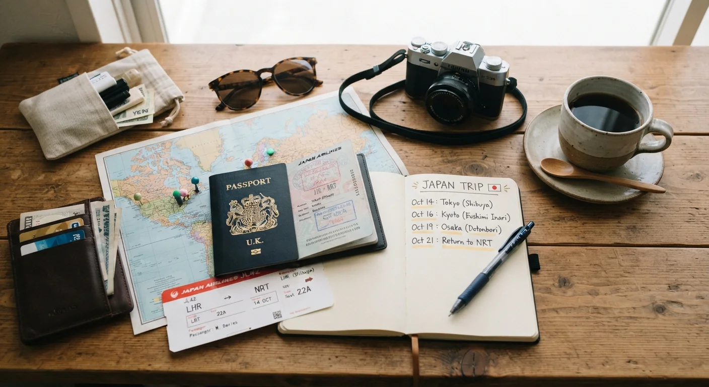 Travel planning essentials including passport, map, notebook itinerary, and boarding pass on a wooden desk