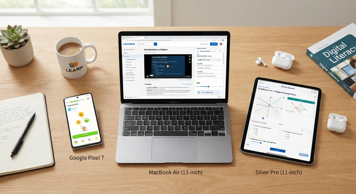 Multiple devices displaying different online learning platform interfaces arranged on a desk