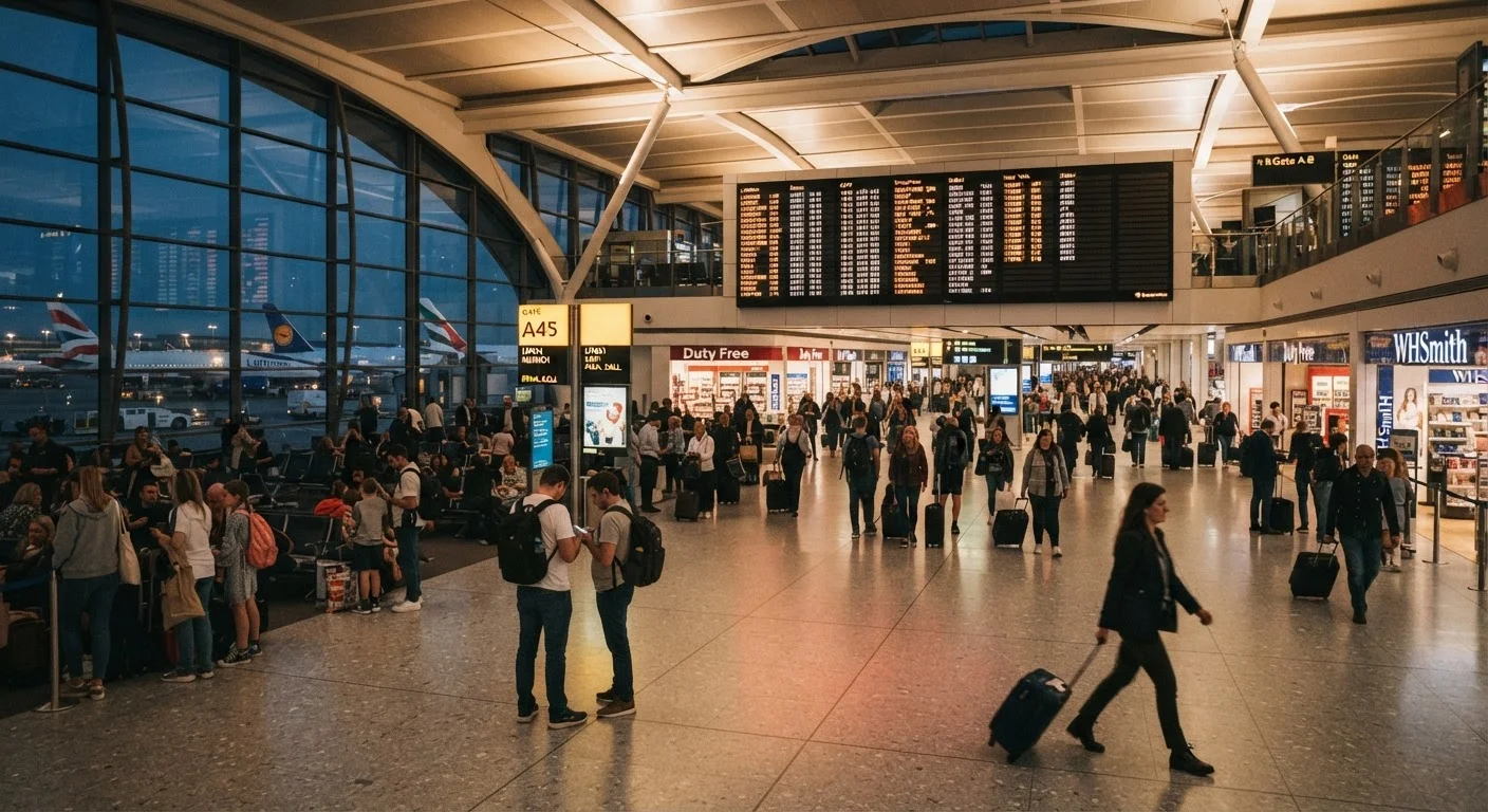 Busy international airport terminal at dusk with departure boards and travelers moving through