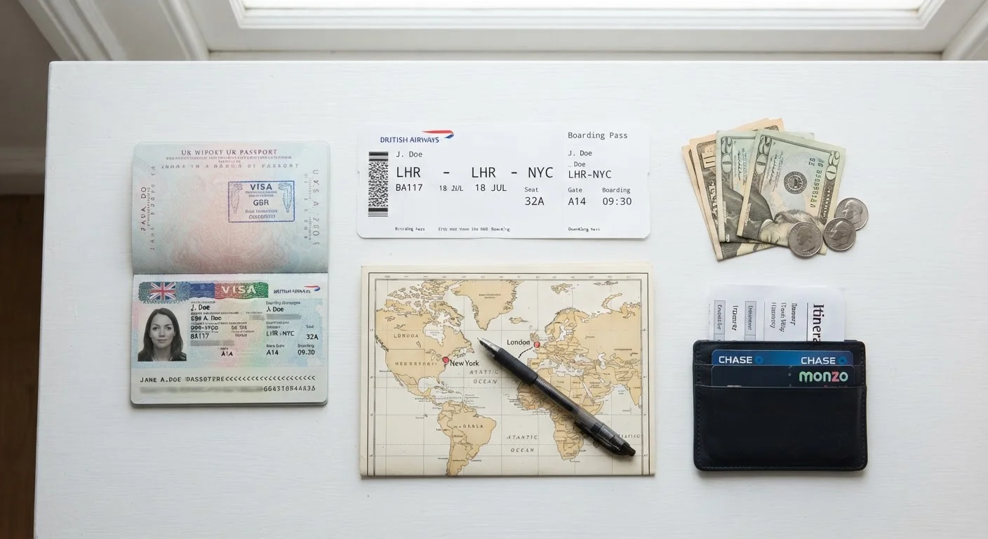 Open passport with boarding pass and world map laid out on a white desk