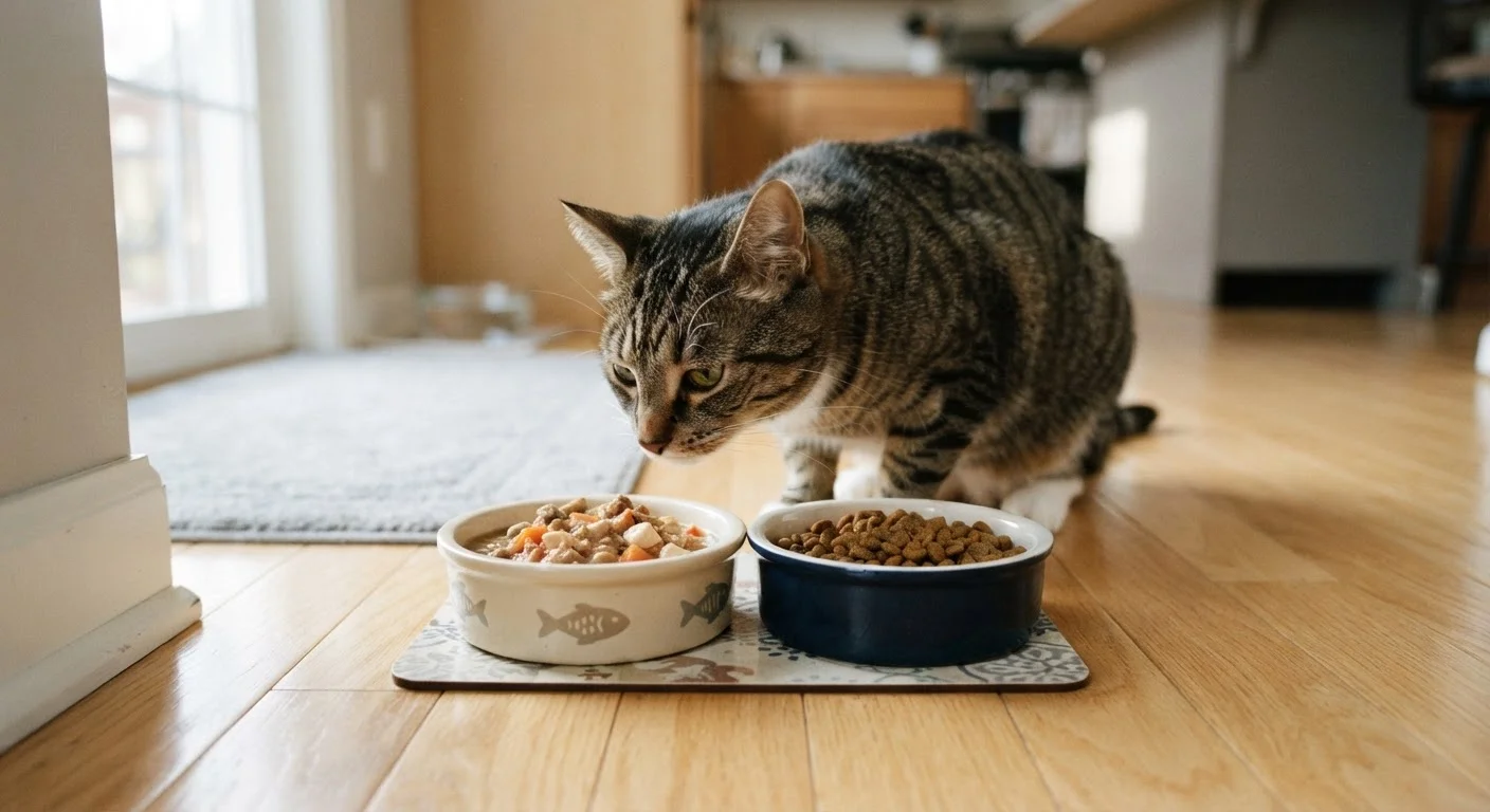 A tabby cat sniffing between two bowls, one with wet food and one with dry kibble