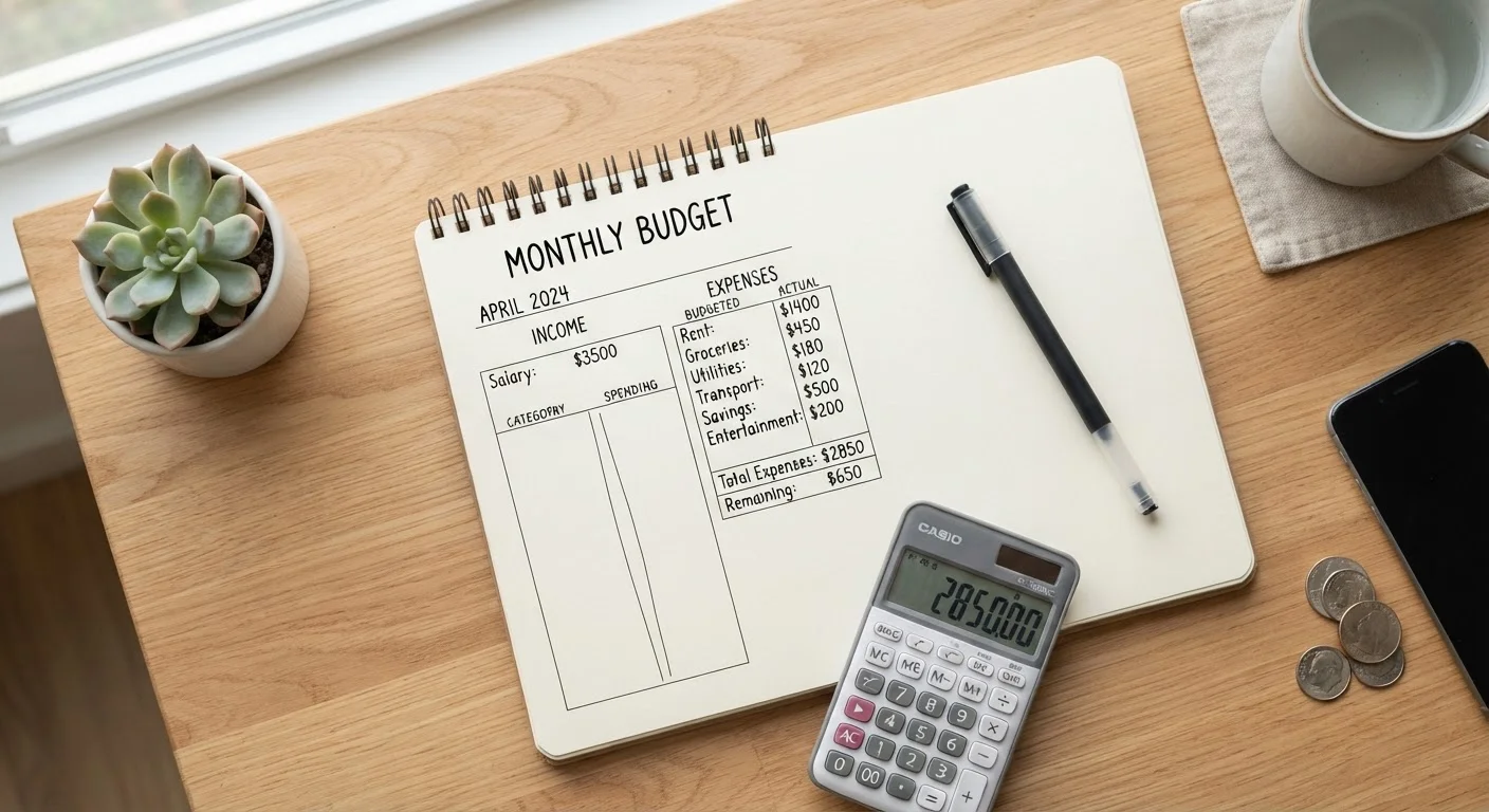 Open budget notebook with pen and calculator on a wooden desk