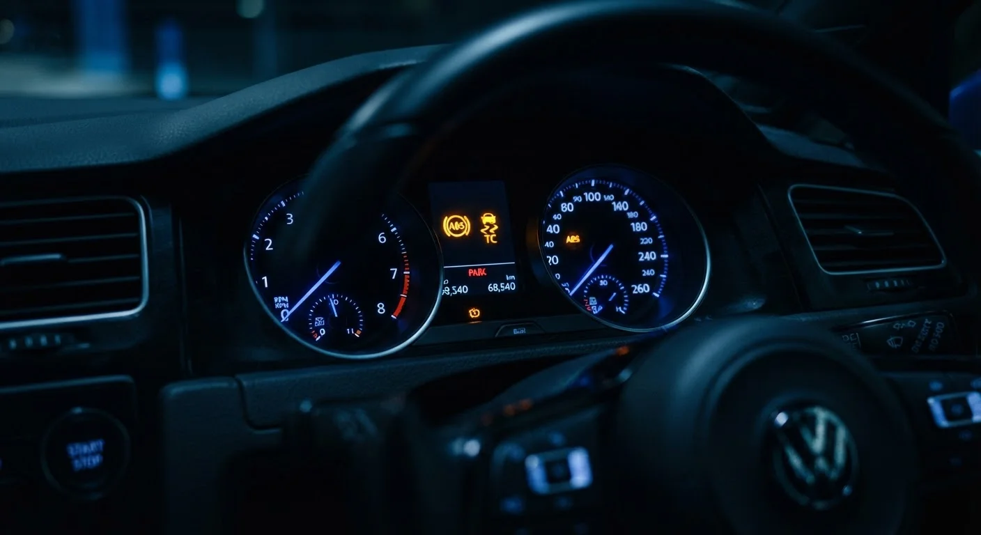 Car dashboard showing illuminated ABS and traction control safety system warning lights