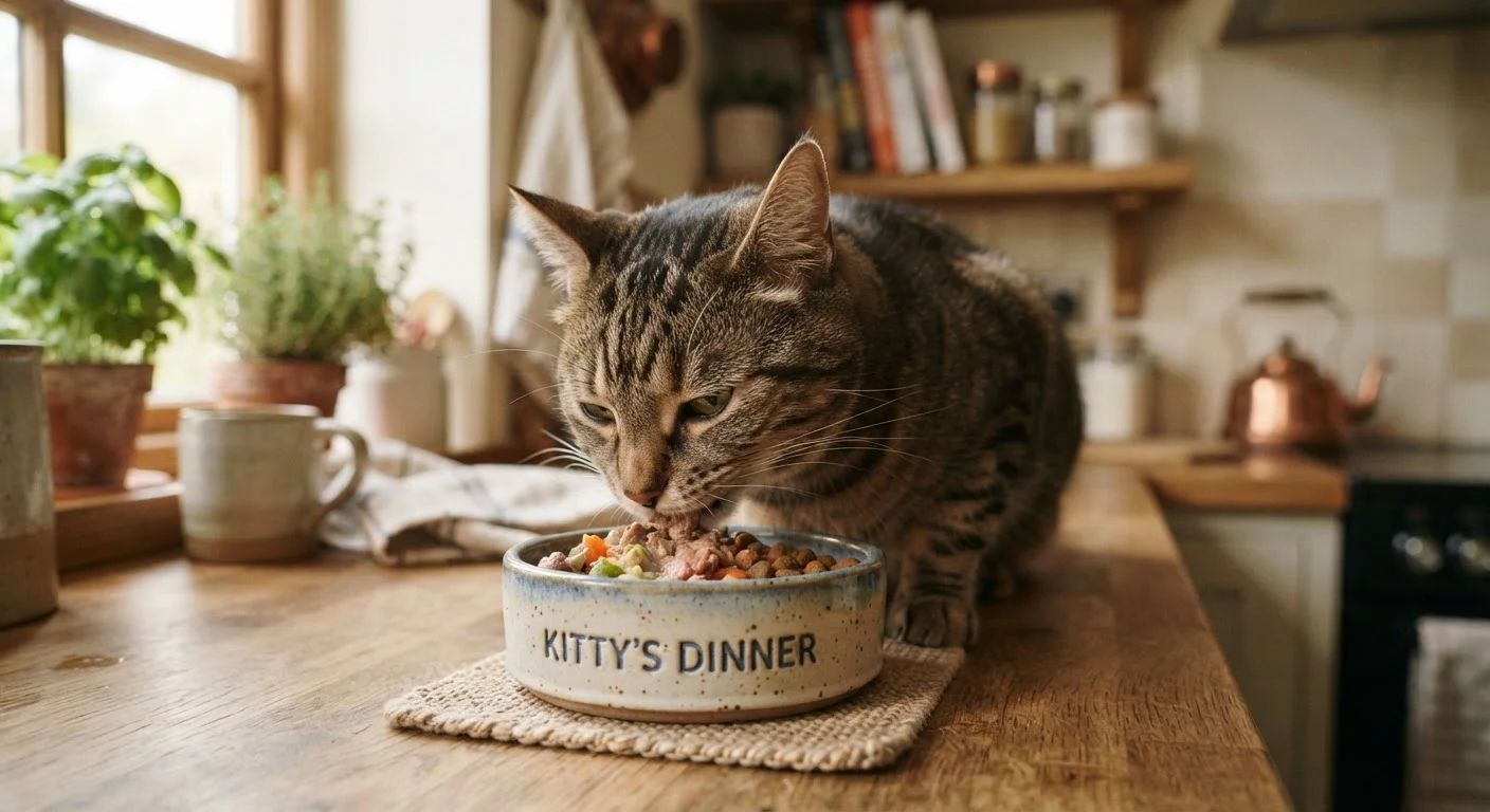 A healthy cat eating from a ceramic food bowl in a bright kitchen setting