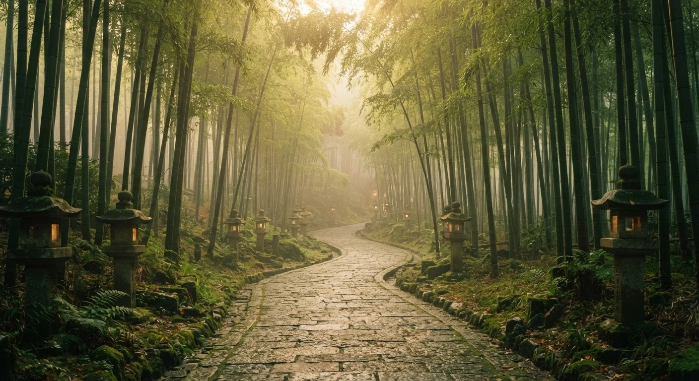 Stone lantern path winding through misty bamboo grove in Kyoto at golden hour