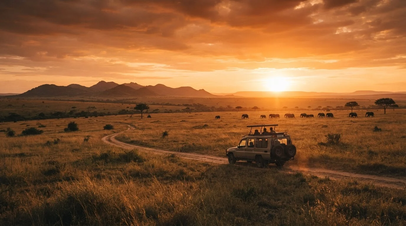 A safari vehicle silhouetted at sunset on the East African savanna with elephants grazing nearby