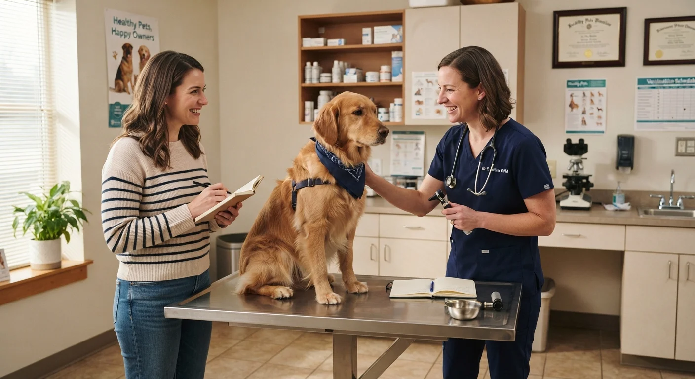 Dog sitting on a veterinary exam table with owner and vet preparing for appointment
