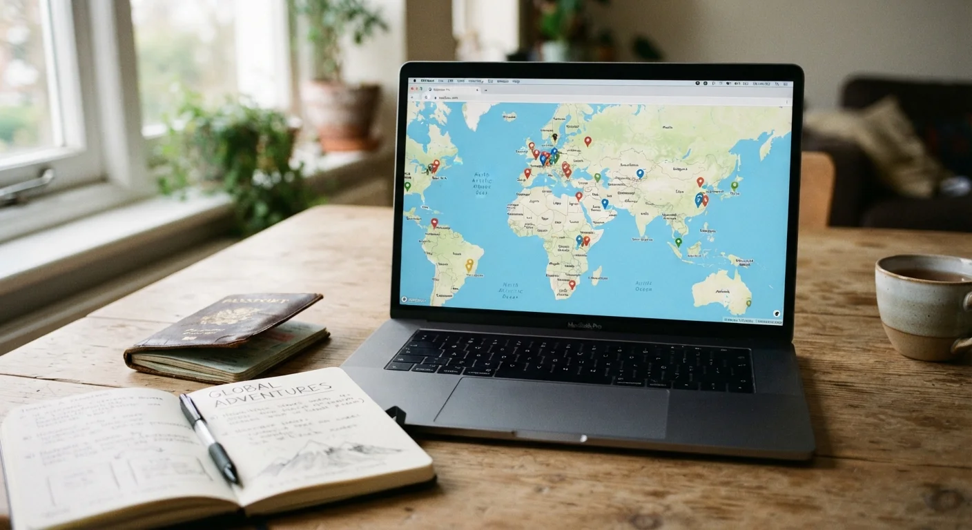 Laptop showing a world map with travel advisory pins, passport and notebook on desk