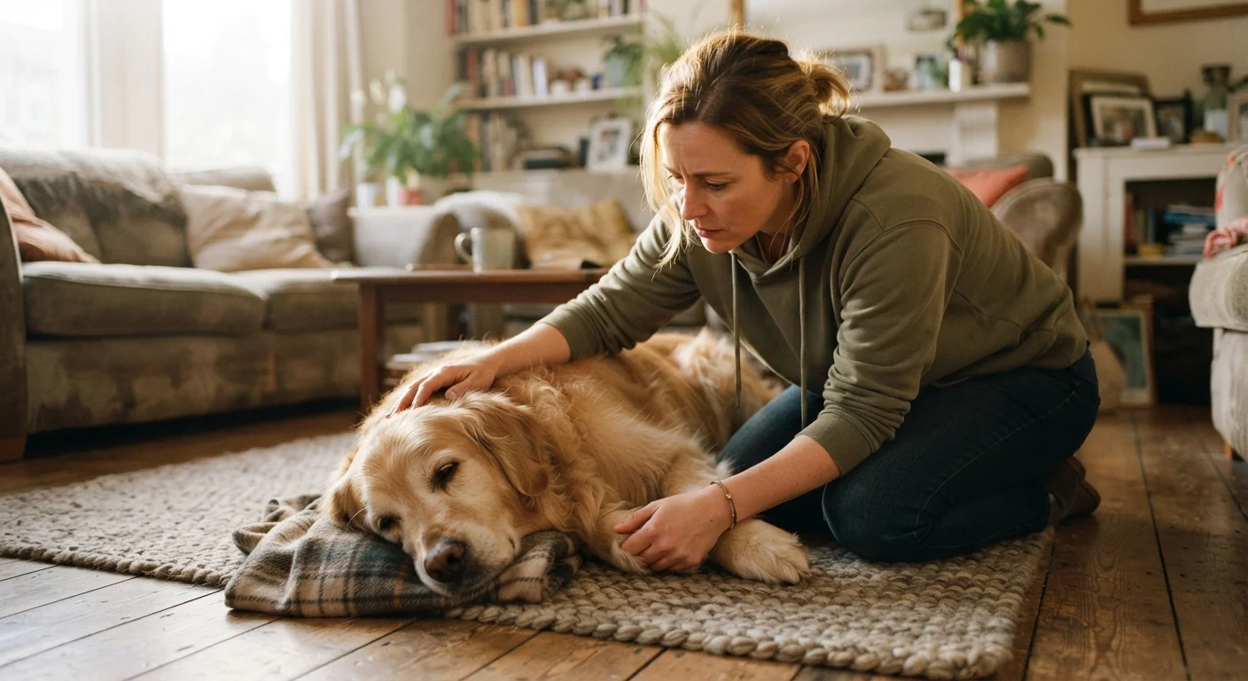 A dog owner crouching beside a tired-looking dog lying on a living room floor