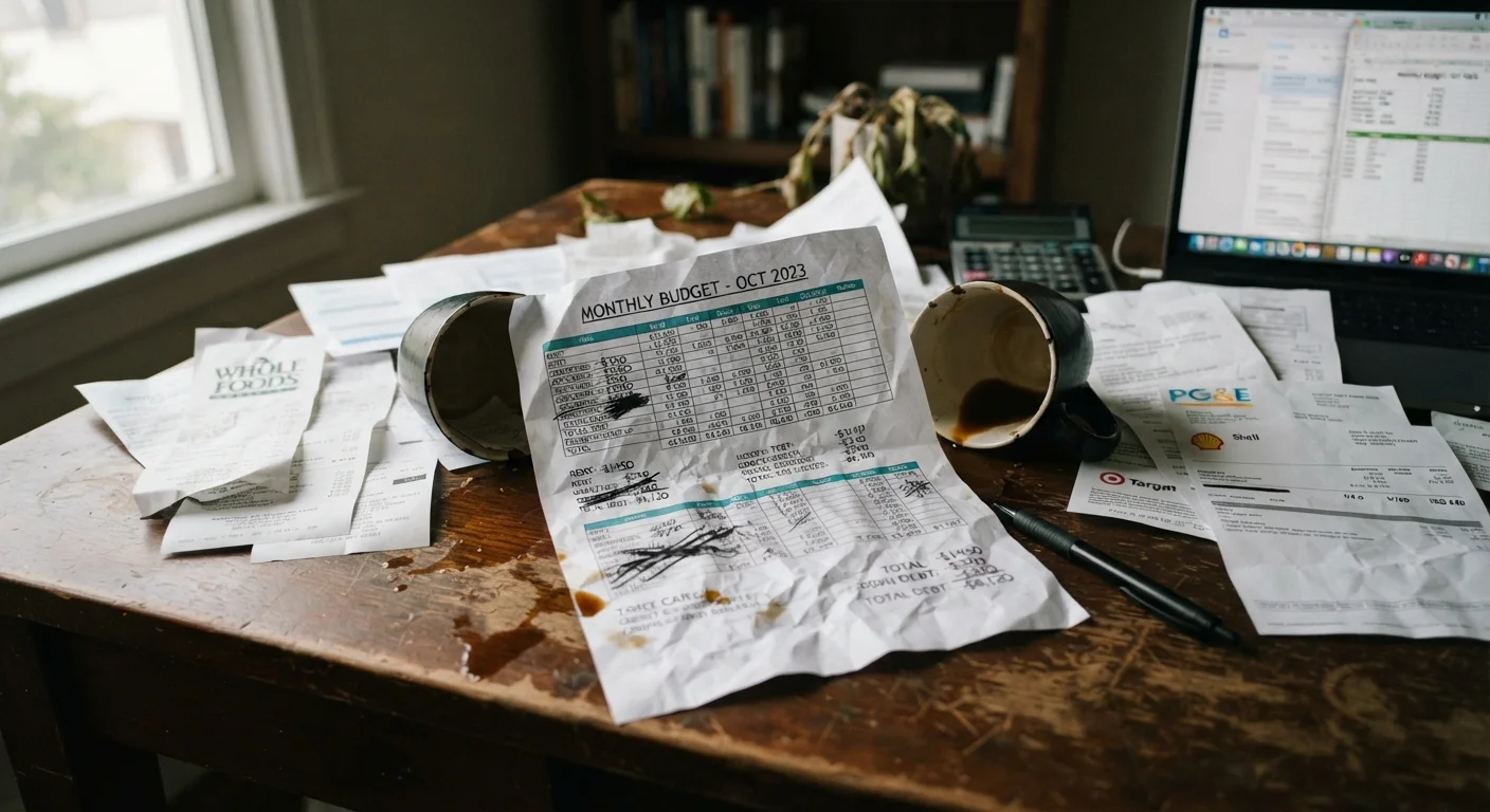 Crumpled budget spreadsheet on a desk surrounded by scattered receipts and a spilled coffee cup