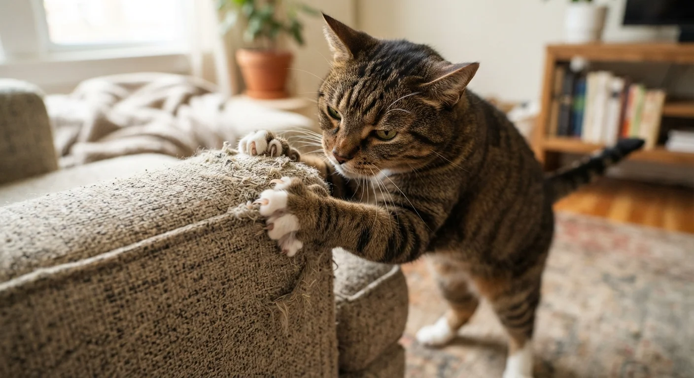 A tabby cat scratching the arm of a fabric armchair with extended claws