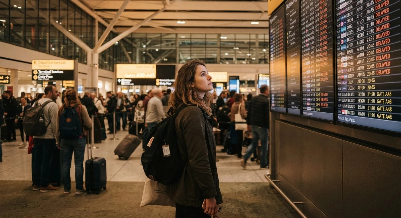 A solo traveler with a backpack gazing at a departure board in a busy airport terminal