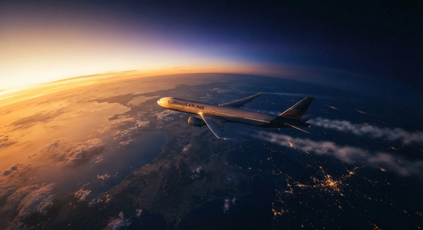 Airplane flying over a curved horizon with contrasting day and night skies on either side