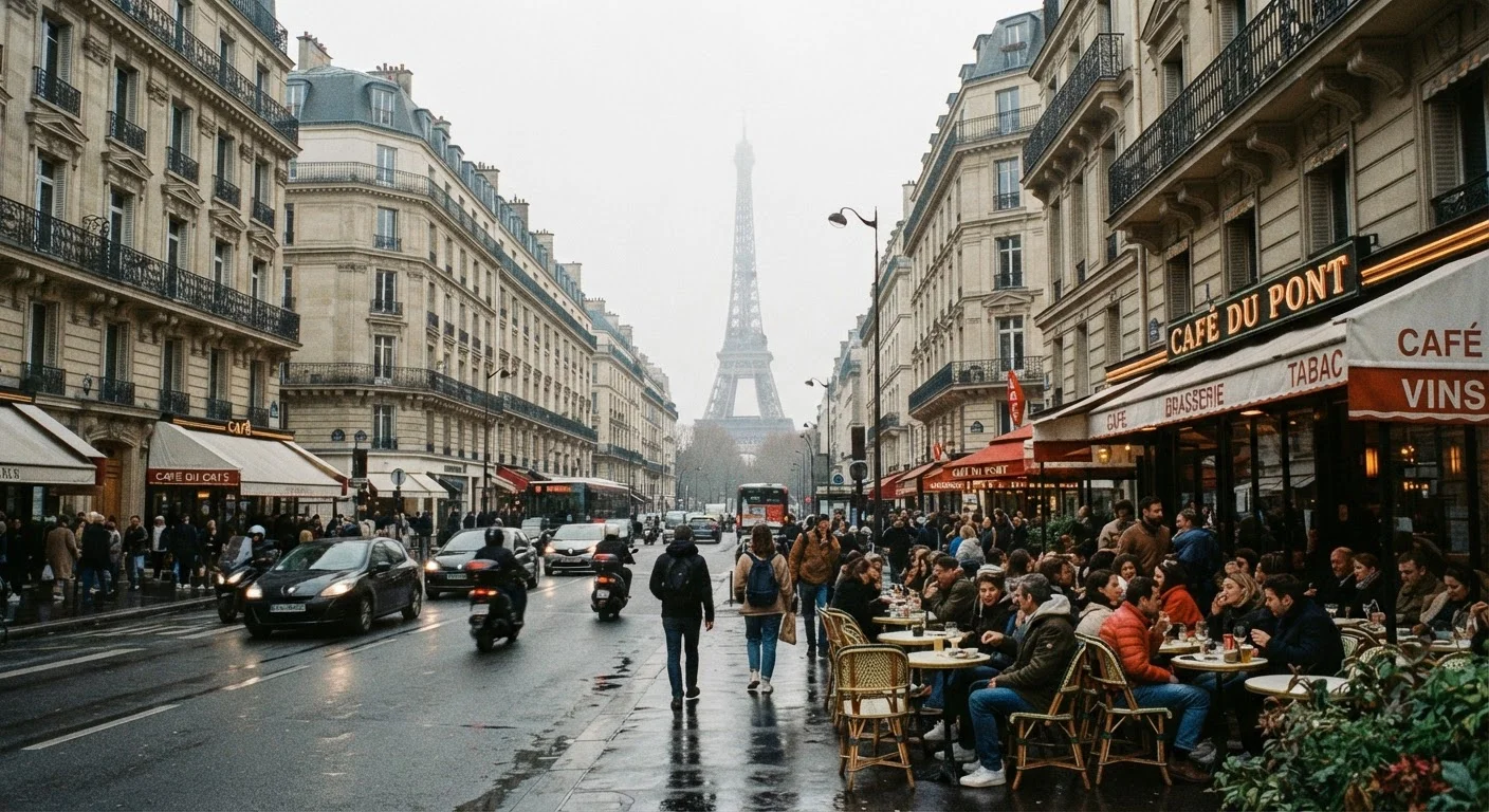 Crowded Parisian boulevard with classic architecture and the Eiffel Tower in the distance