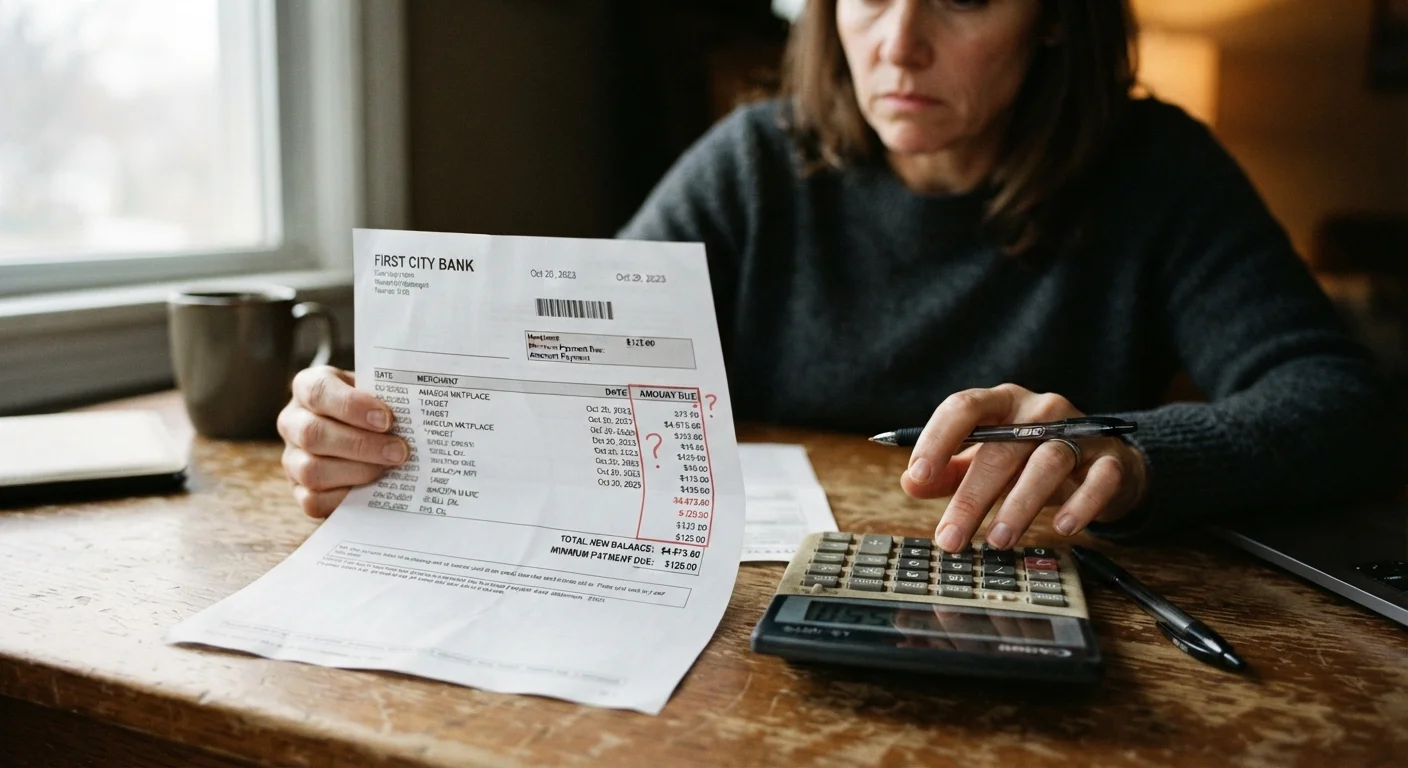 Credit card statement on a desk beside a calculator and pen, representing debt management decisions