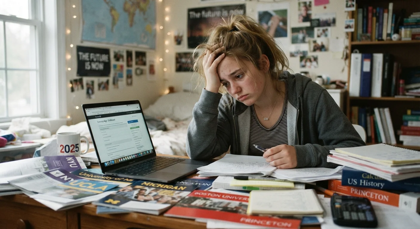 A high school student overwhelmed by college brochures and application materials at a desk