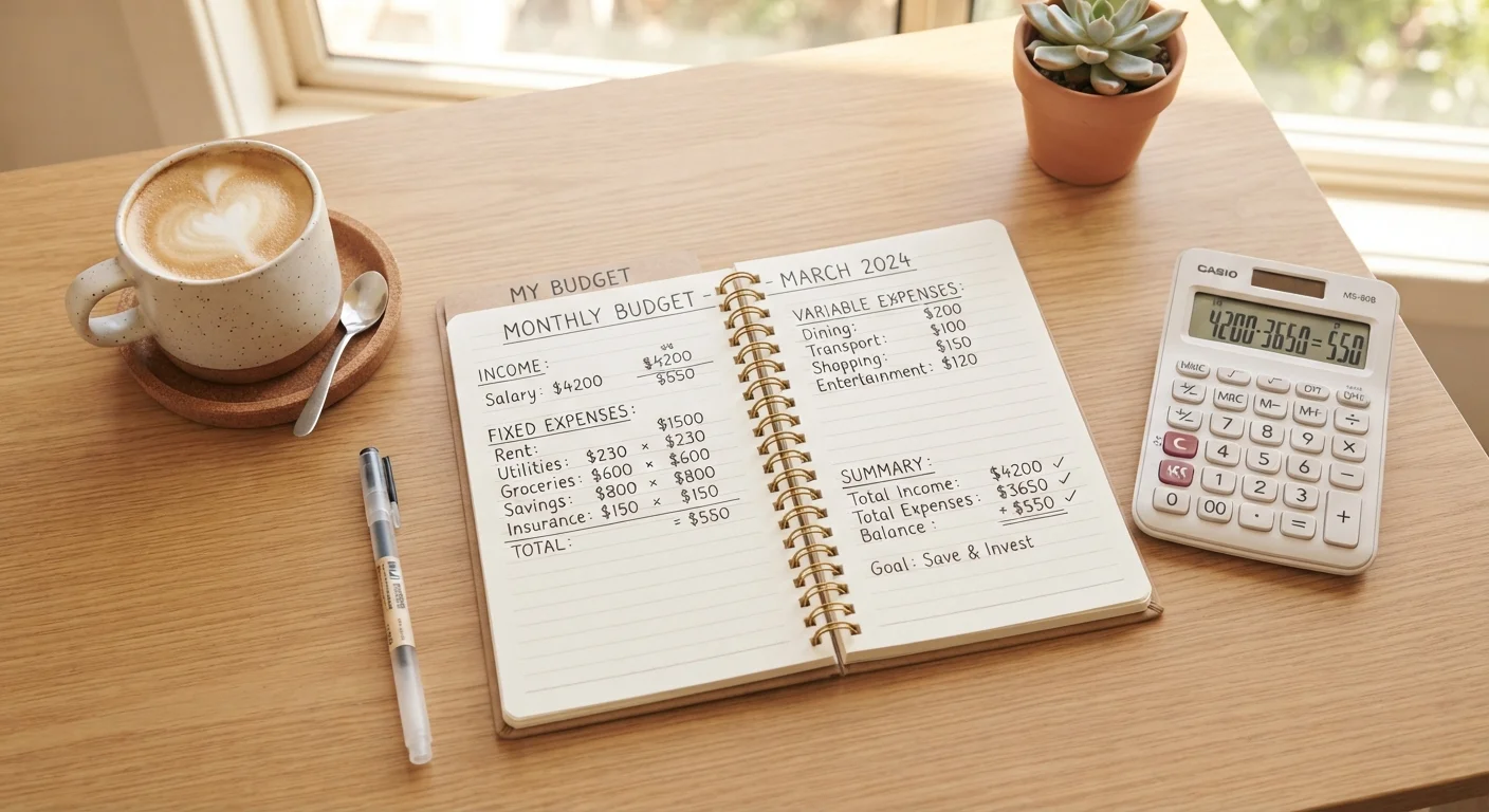 Open budget notebook with handwritten spending categories on a tidy desk with calculator and coffee