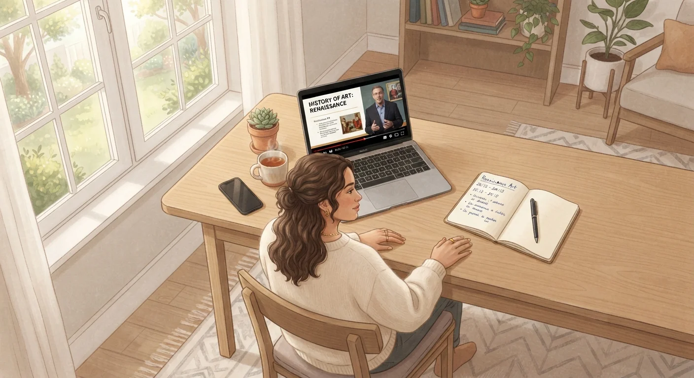 Person studying at a tidy desk with a laptop open to an online course video lecture
